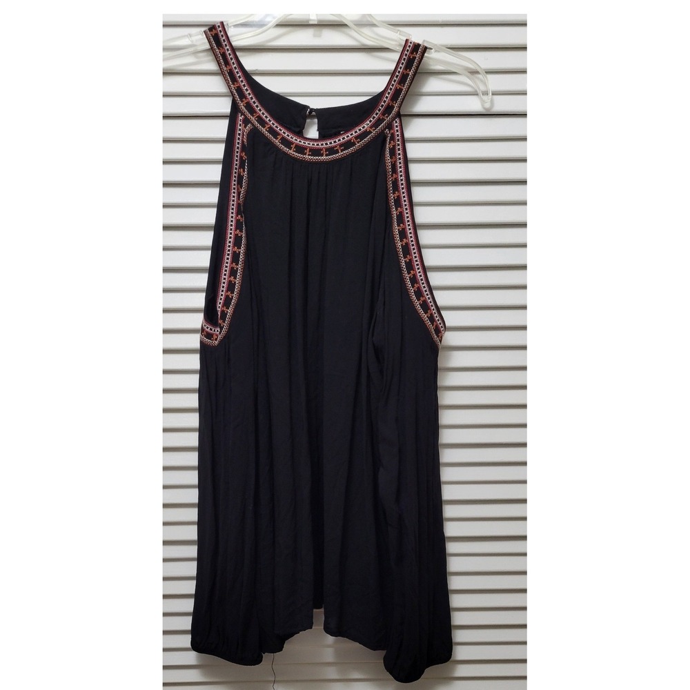Halter-like Gothwhimsy Black Boho Embroidered Cold Shoulder Long Sleeve Blouse L